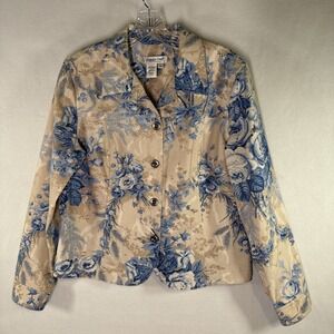 Coldwater Creek Beige Denim Jacket Cottagecore Denim Core Blue Floral Print Sz S
